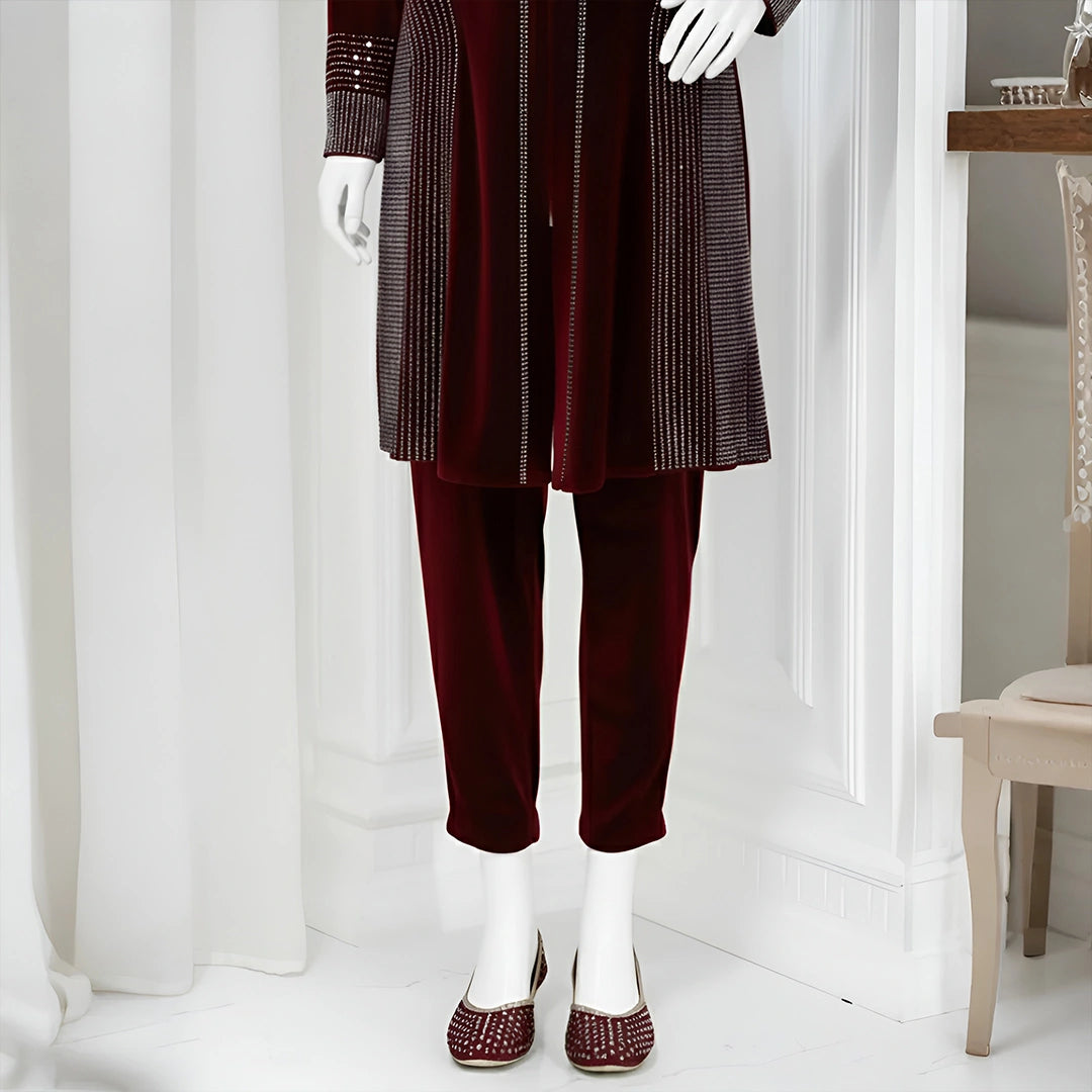 Maroon - Attractive Stone Work Velvet Co-Ord Set