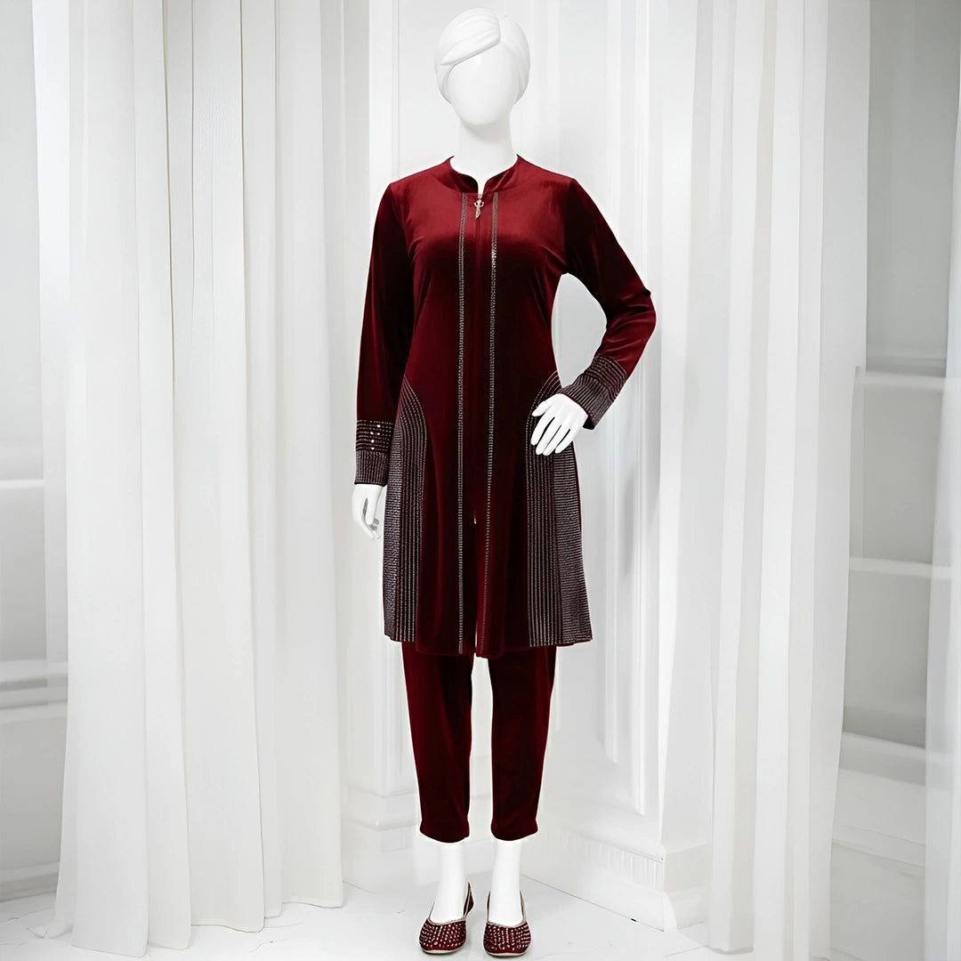 Maroon - Attractive Stone Work Velvet Co-Ord Set