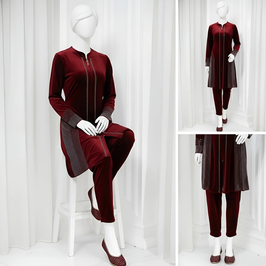 Maroon - Attractive Stone Work Velvet Co-Ord Set
