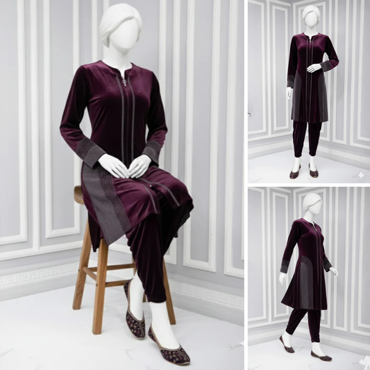 Wine - Attractive Stone Work Velvet Co-Ord Set