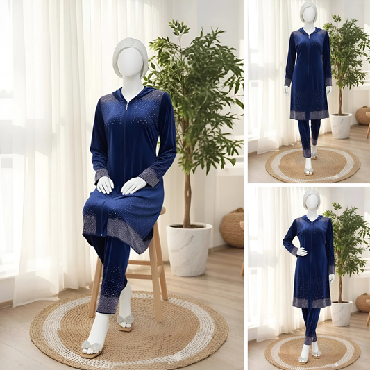 Premium Blue Velvet Co-Ord with Stone Detailing