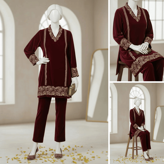 Maroon-Luxury Velvet Winter Co-Ord Set
